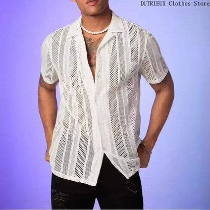 Men's Breathable Lace Hollow-Out Shirt – Stylish Casual Top for Men