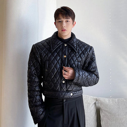 Men's Short Cotton-Padded Jacket with Rhombus Grid Pattern and Thickened Insulation