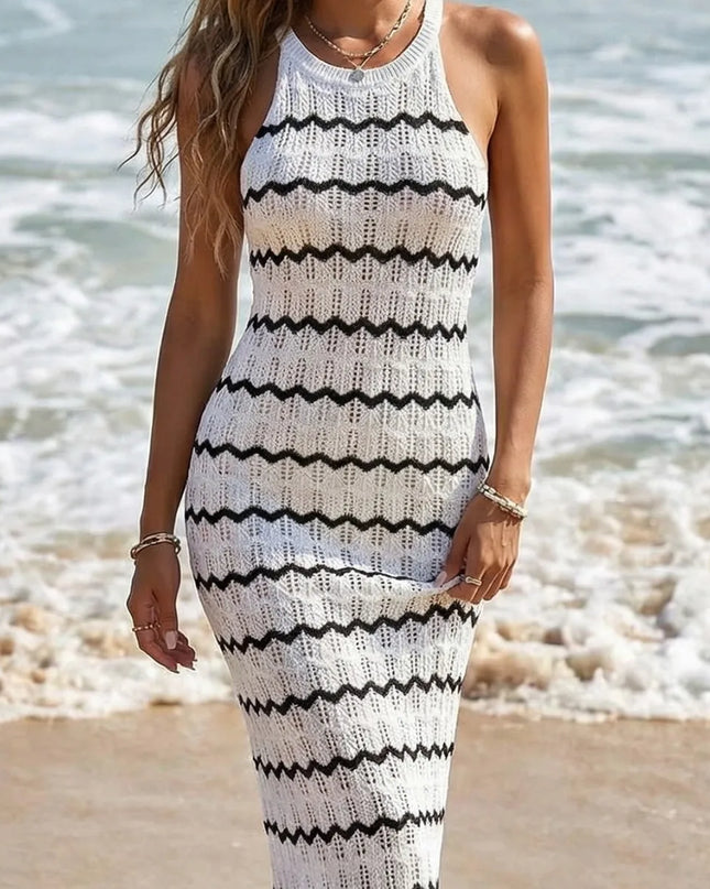 Women's Sleeveless Striped Hollow-Out Crochet Knit Dress