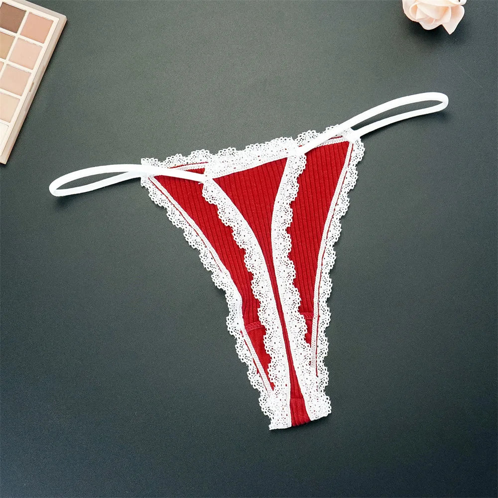 7-Pack Women's Lace Cotton Thong Panties - Thin Strap, Low Waist, Breathable