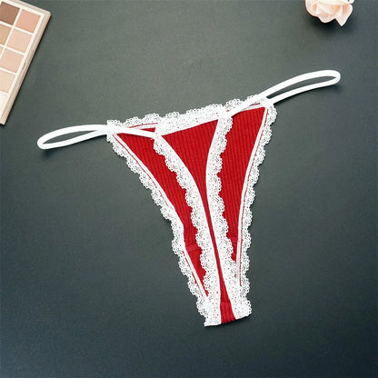 7-Pack Women's Lace Cotton Thong Panties - Thin Strap, Low Waist, Breathable