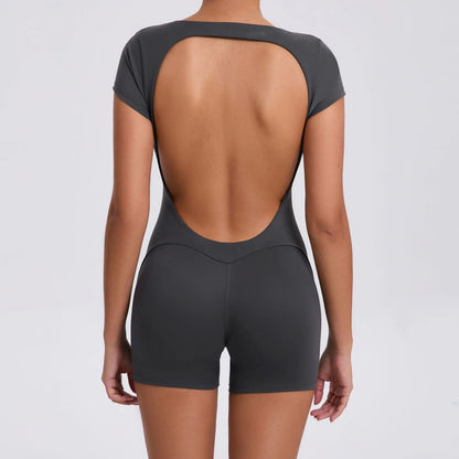 Women's Padded Short Sleeve One-Piece Jumpsuit - Quick-Dry, Backless Sports Suit for Active Fitness