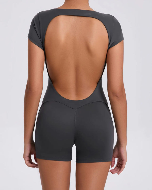 Women's Padded Short Sleeve One-Piece Jumpsuit - Quick-Dry, Backless Sports Suit for Active Fitness