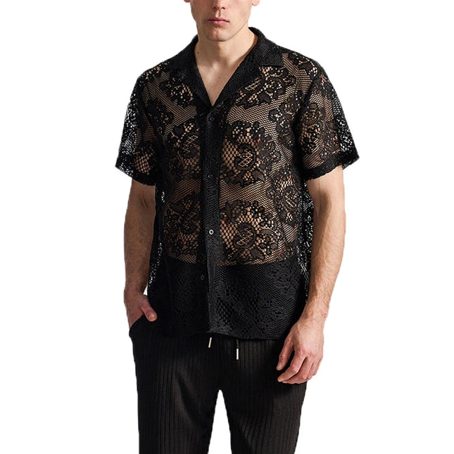 Men's Short Sleeve Mesh Lace Knit Shirt