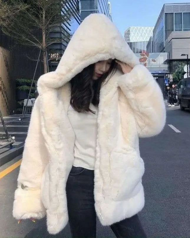 Women's Loose Plush Faux Fur Hooded Jacket
