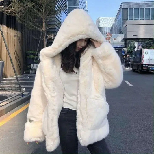 Women's Loose Plush Faux Fur Hooded Jacket