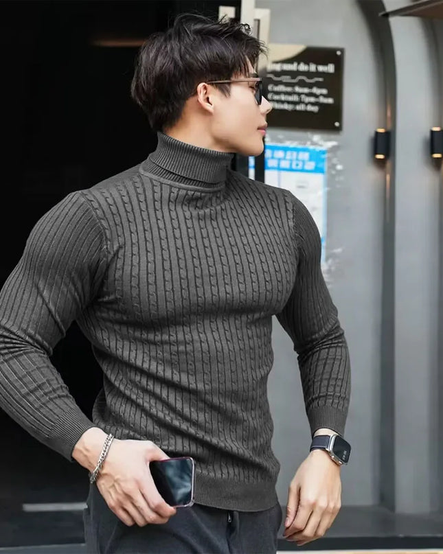 Men's Striped Knit Long Sleeve Turtleneck Sweater