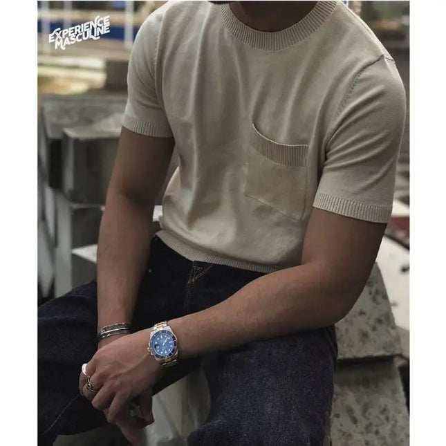 Men's Solid Zipper Knitted Polo Shirt with Lapel