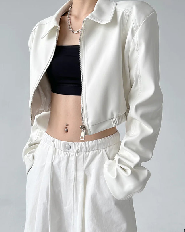 Women's PU Leather Lapel Jacket with Long Sleeves, Crop Style, Zipper Closure