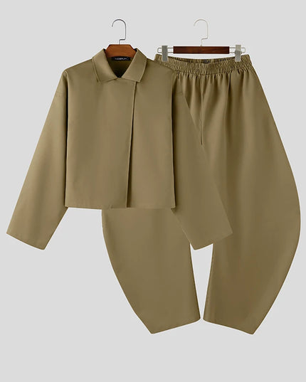 INCERUN Men’s Two-Piece Set: Lapel Long Sleeve Flared Shirt & Flared Pants