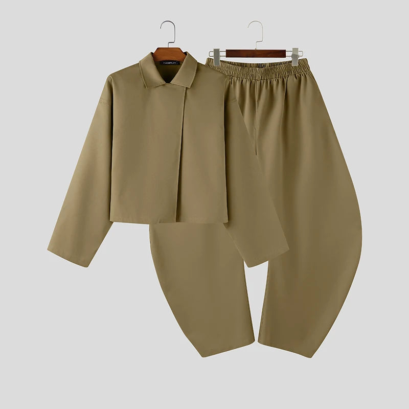 INCERUN Men’s Two-Piece Set: Lapel Long Sleeve Flared Shirt & Flared Pants