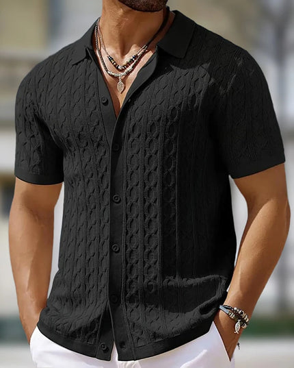 Men's Single-Breasted Knitted Polo Shirt  - Stripe Jacquard Design