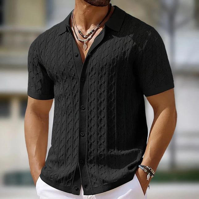 Men's Single-Breasted Knitted Polo Shirt  - Stripe Jacquard Design