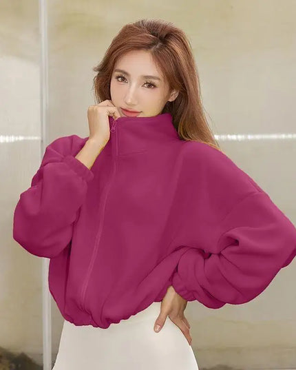 Women's High-Waist Casual Zip-Up Jacket with High Collar