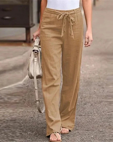 Women's Casual Loose Cotton Linen Pants - Elastic Waist, Straight Fit,