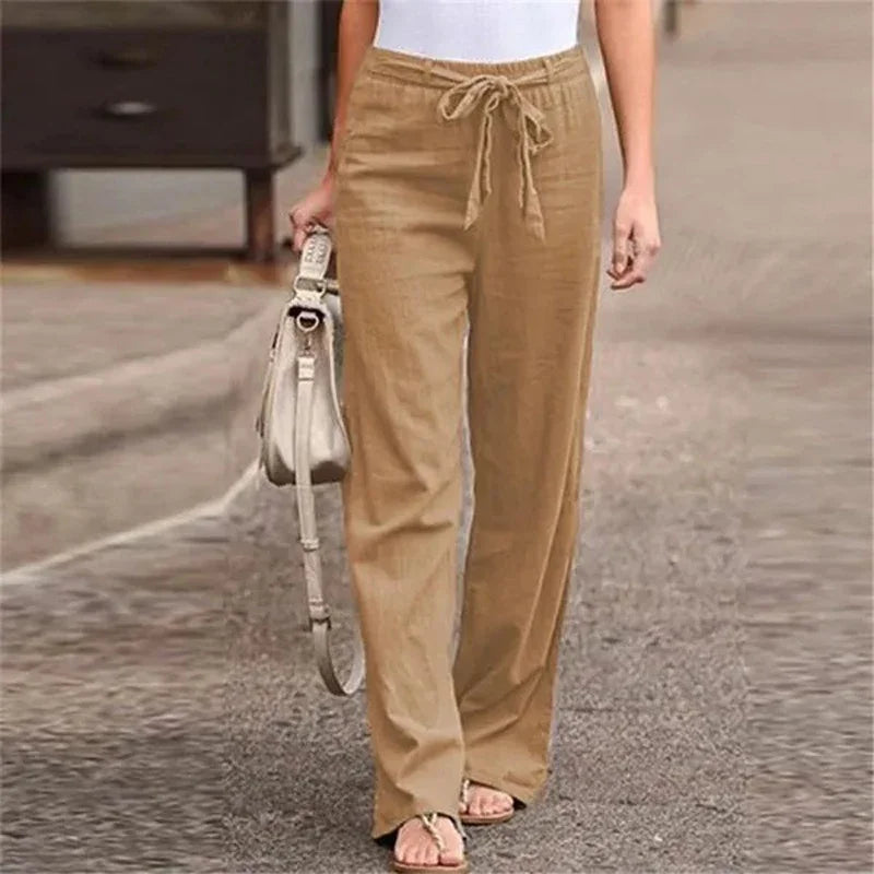 Women's Casual Loose Cotton Linen Pants - Elastic Waist, Straight Fit,