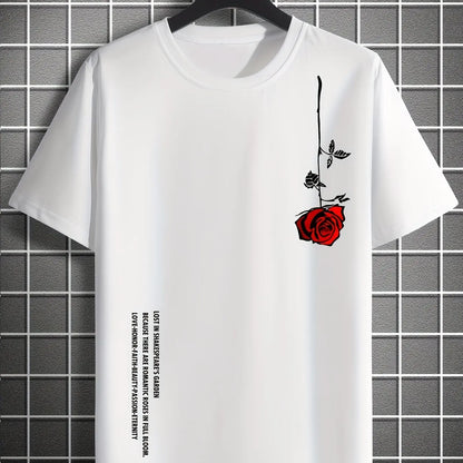 Men's Slim Fit Casual T-Shirt – 100% Cotton Rose Print Short Sleeve Round Neck Tee