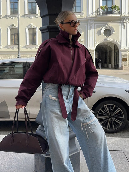 Women's Zipper Bomber Jacket – Loose Fit, Stand Collar, Button Closure