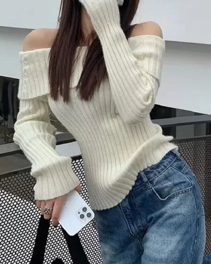 Off-the-Shoulder Knitted Pullover Sweater - Full Sleeve Knitwear for Women