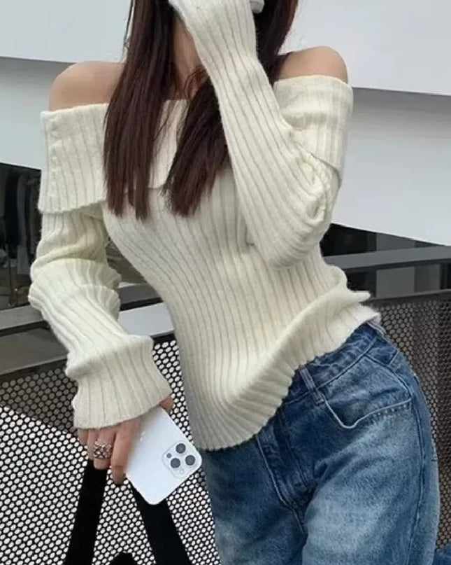Off-the-Shoulder Knitted Pullover Sweater - Full Sleeve Knitwear for Women