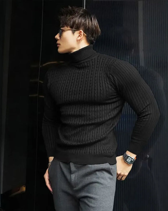 Men's Striped Knit Long Sleeve Turtleneck Sweater