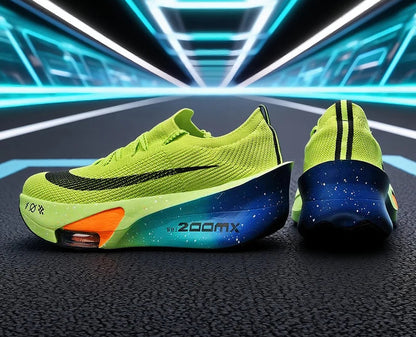 Neon green running shoes with black accents on a dark surface with futuristic design elements.