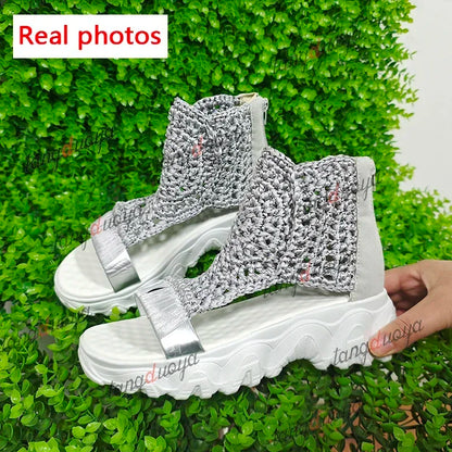 Knitted Women's Sandals with Braided Elastic and Mesh, Flat Bottom Design