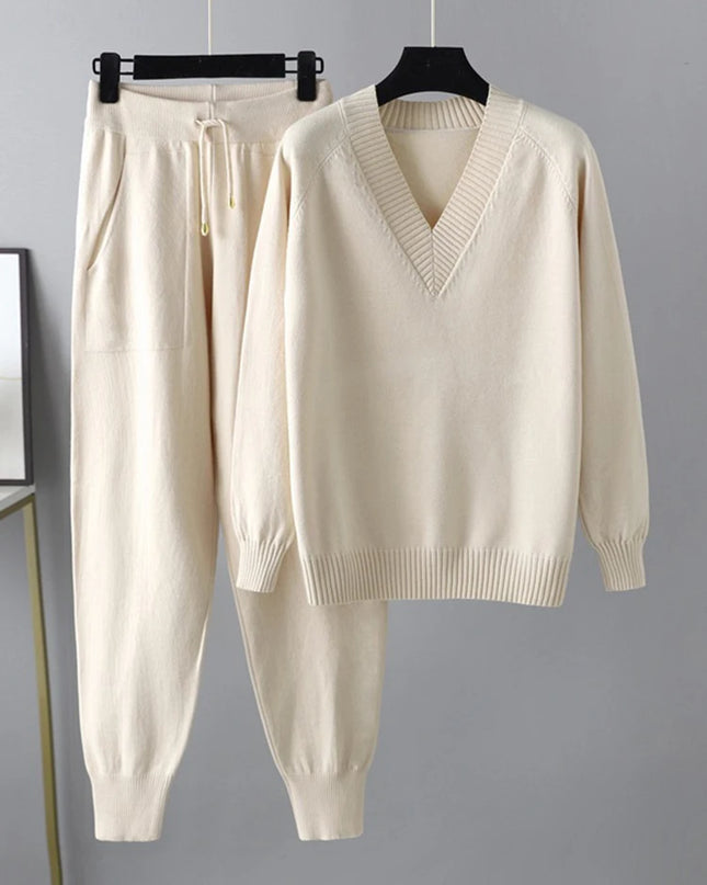 Women's Knitted 2-Piece Set – V-Neck Full Sleeve Sweater & Pencil Pants