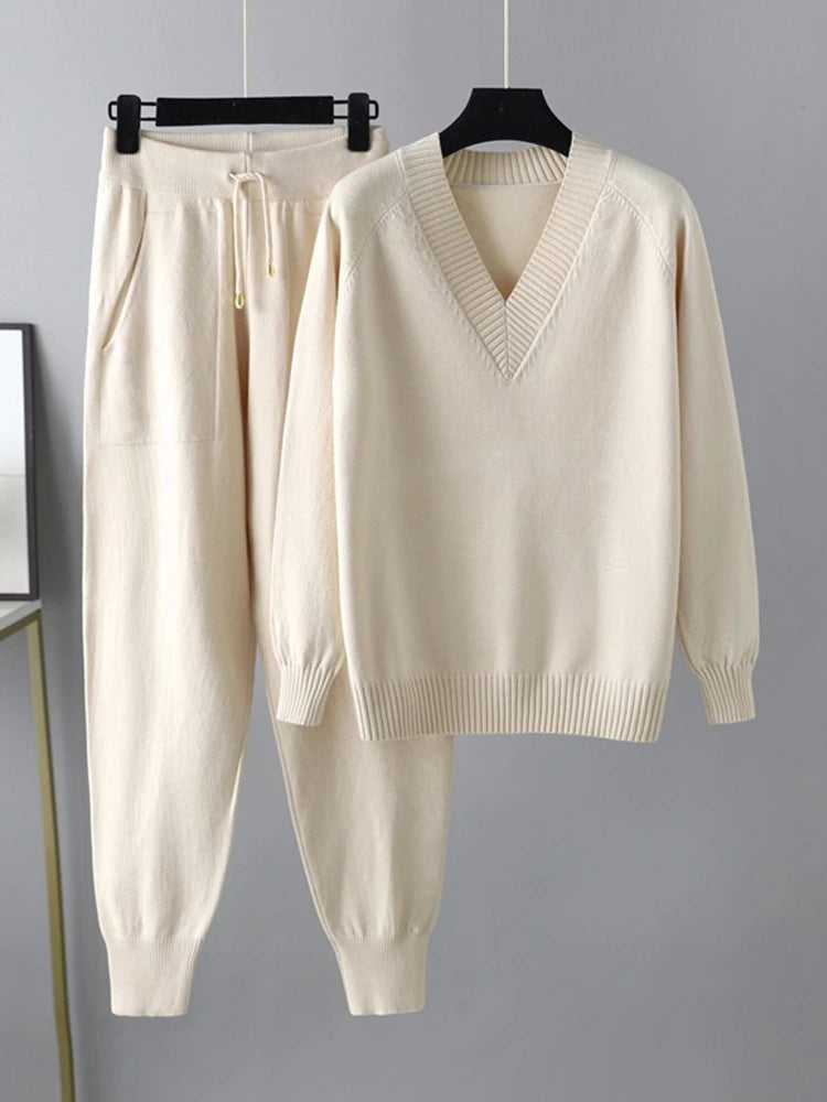 Women's Knitted 2-Piece Set – V-Neck Full Sleeve Sweater & Pencil Pants