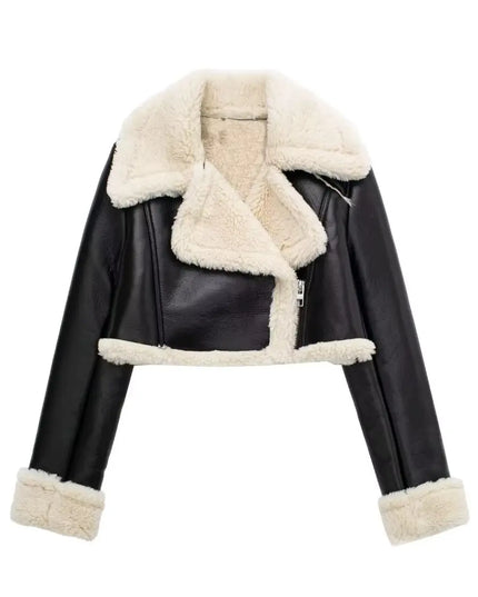 TRAFZA Women's Black Cropped Faux Leather Jacket with Wool Blend