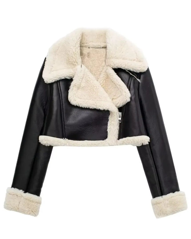 TRAFZA Women's Black Cropped Faux Leather Jacket with Wool Blend