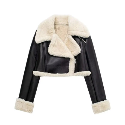 TRAFZA Women's Black Cropped Faux Leather Jacket with Wool Blend