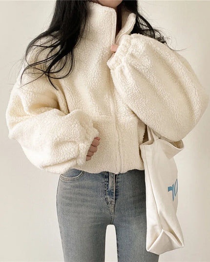 Women's Plush Faux Wool Jacket - Thick Warm Zip-up with Stand Collar