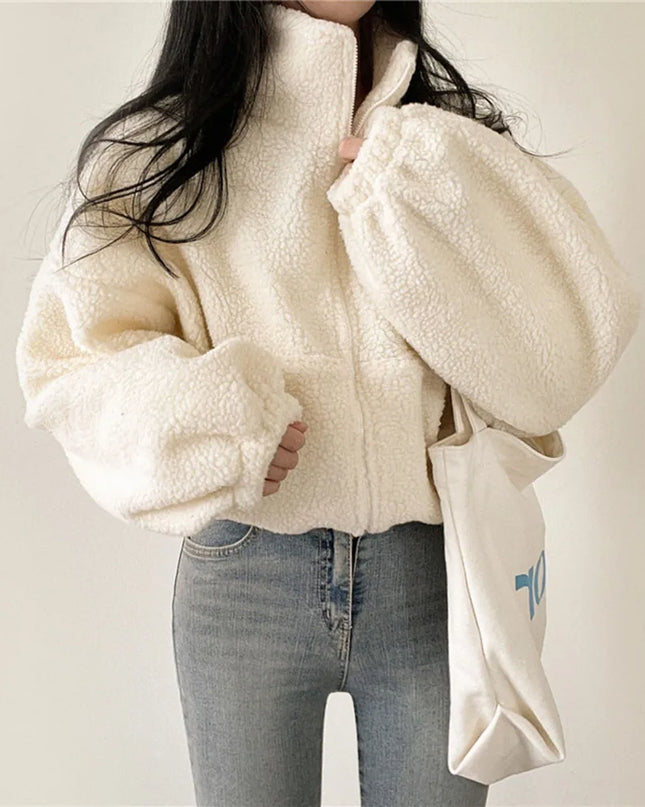 Women's Plush Faux Wool Jacket - Thick Warm Zip-up with Stand Collar