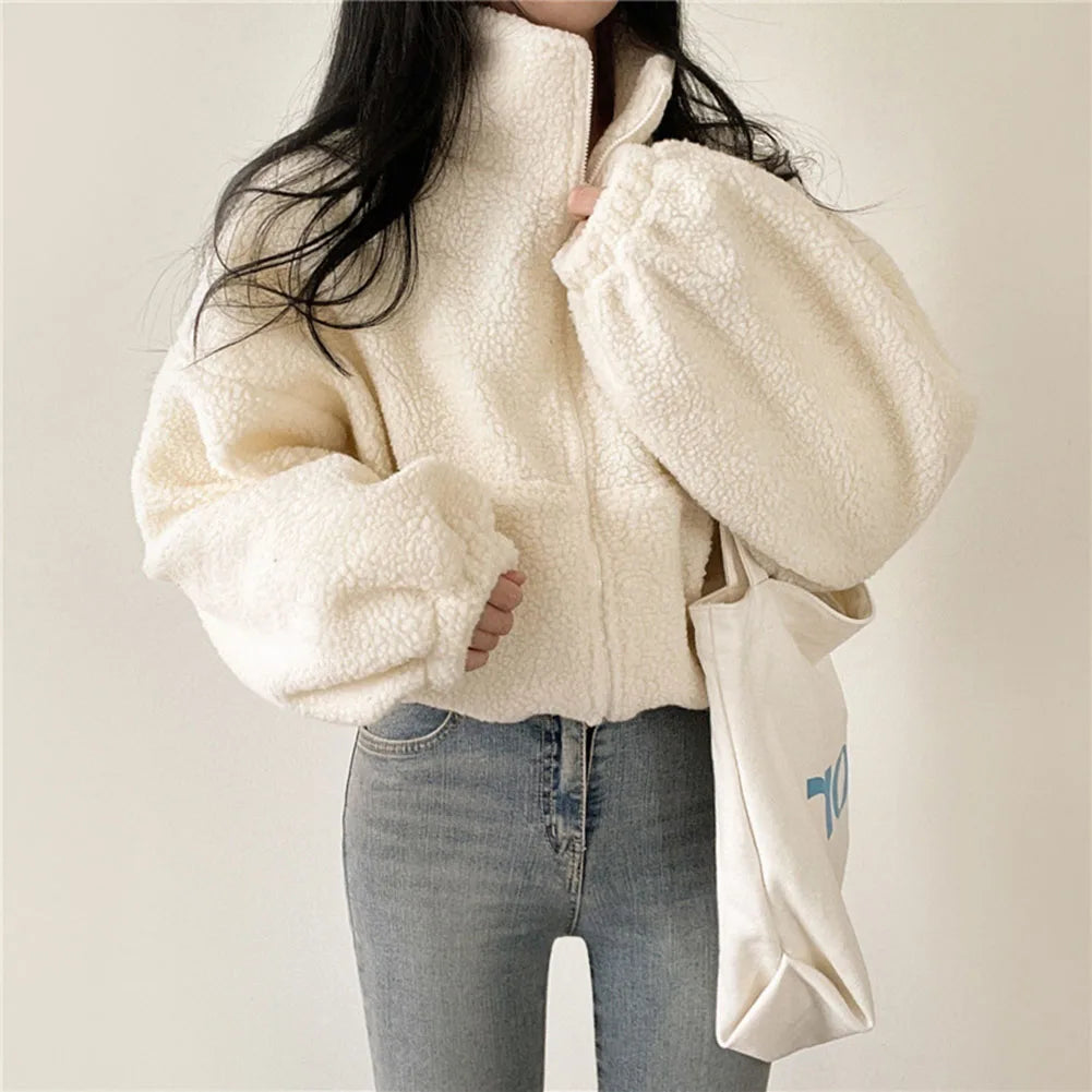 Women's Plush Faux Wool Jacket - Thick Warm Zip-up with Stand Collar