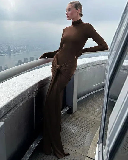 Tight-Fitting Lace-Up High Neck Long Sleeve Bodycon Dress for Women