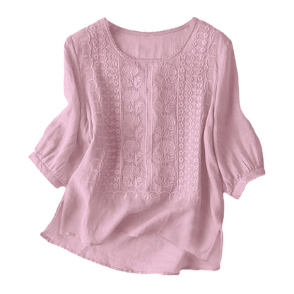 Women's Cotton Linen T Shirts Lace Crochet Embroidery Blouses Round Neck 3/4 Sleeve Casual Tops Thin Breathable Shirts Clothes