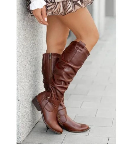 Women's Long Suede Boots with Low Heel and Side Zip - Stylish & Comfortable Footwear
