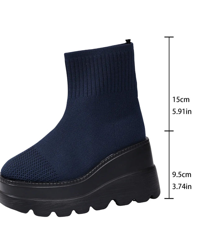 Women's Wedge High Heels - Breathable Weaving Elastic Short Boots with Thick Sole