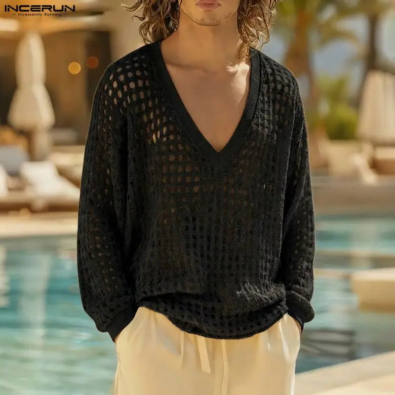 INCERUN Men's V-Neck Long Sleeve Hollow-Out Sweater
