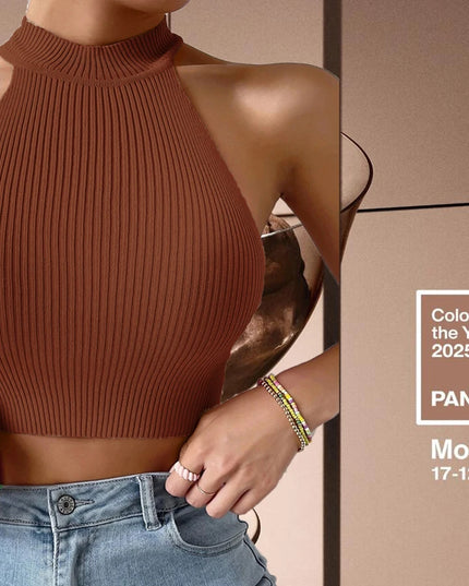 Women's Casual Ribbed Knit Halter Crop Top