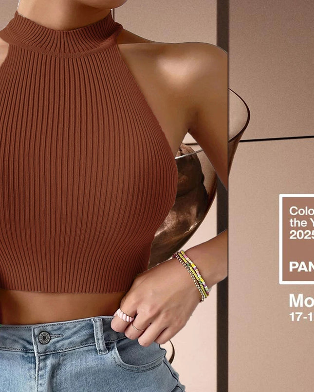 Women's Casual Ribbed Knit Halter Crop Top