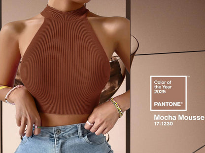 Women's Casual Ribbed Knit Halter Crop Top
