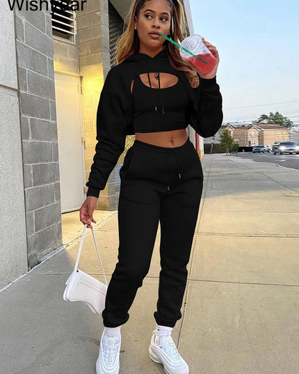 Wisyear Women's 3-Piece Velvet Tracksuit Set - Crop Hoodie, Vest, and Sweatpants Matching Outfit