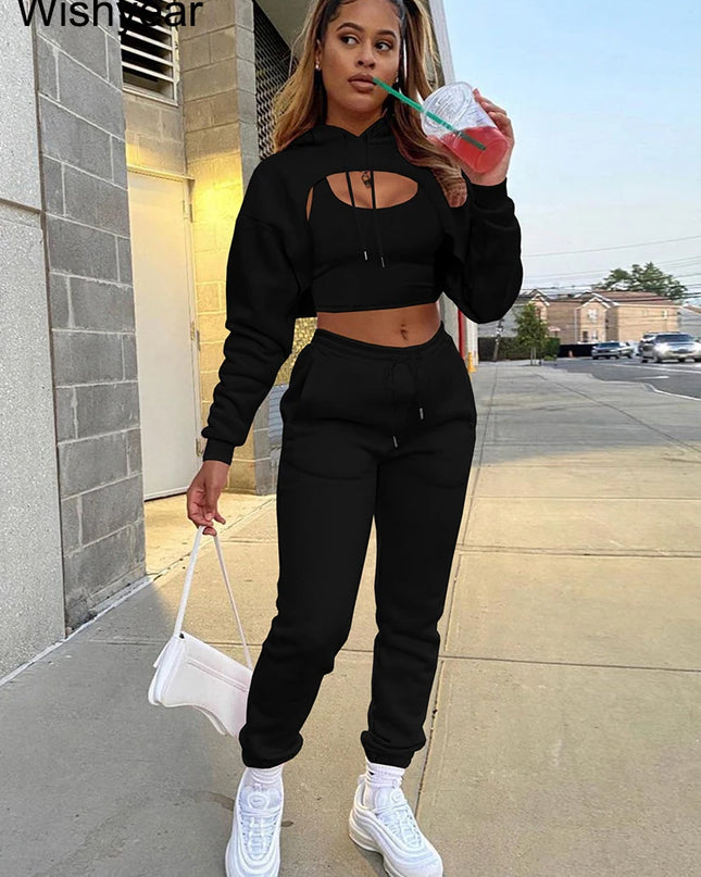 Wisyear Women's 3-Piece Velvet Tracksuit Set - Crop Hoodie, Vest, and Sweatpants Matching Outfit