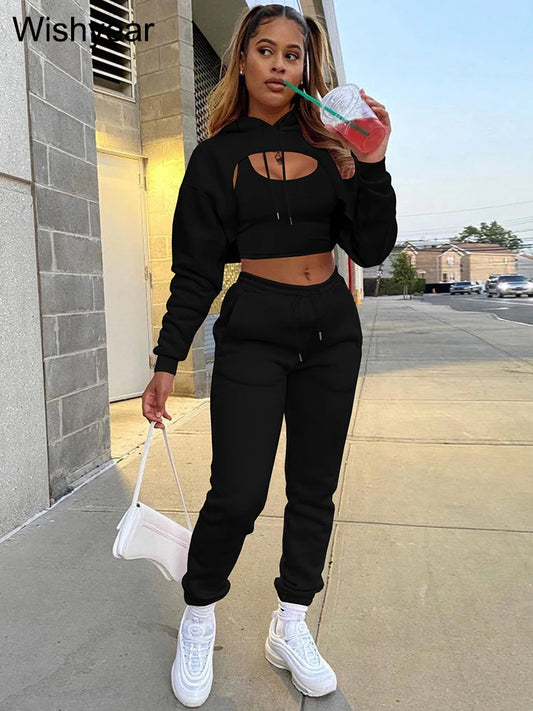 Wisyear Women's 3-Piece Velvet Tracksuit Set - Crop Hoodie, Vest, and Sweatpants Matching Outfit