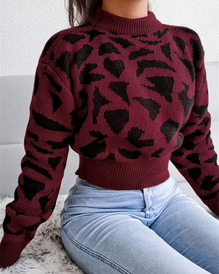 Women's Long Sleeve Knitted Sweater with Leopard Print