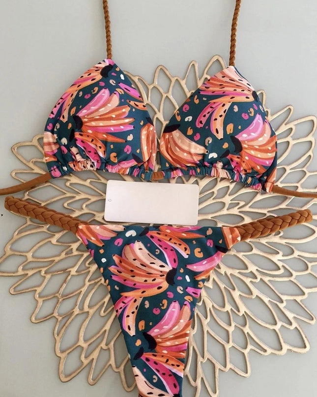 Women Leopard Print  Thong Swimsuit Two Pieces Bikini