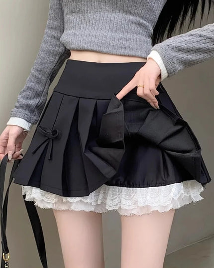 High Waist Pleated Mini Skirt for Women - Lace Preppy Bow Skirt