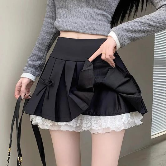 High Waist Pleated Mini Skirt for Women - Lace Preppy Bow Skirt